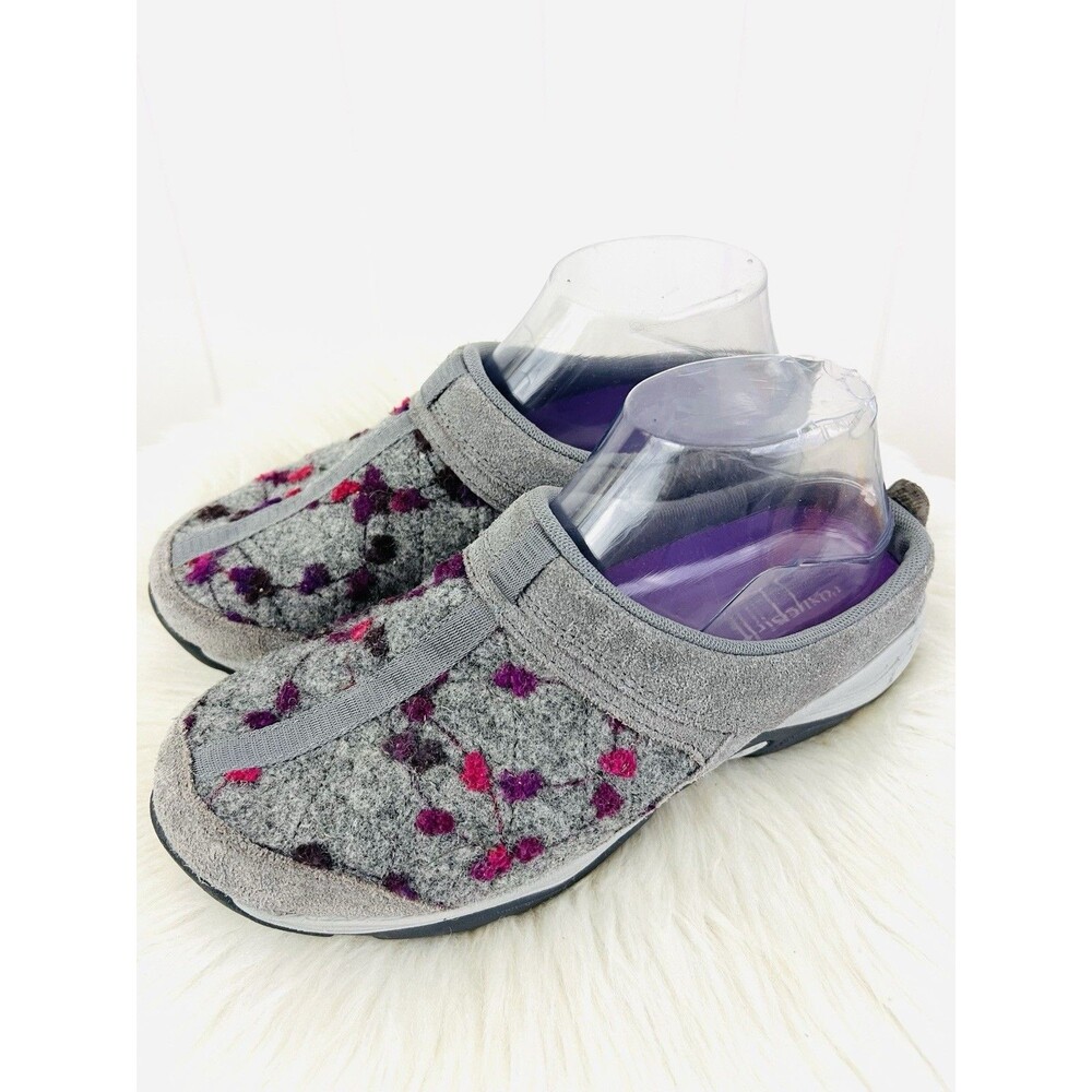 Easy Spirit Explore24 Grey Felt Floral Embroidered Clogs Mules Shoes Size 7